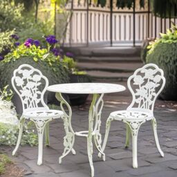 FURNOS Set of 3 Rose Cast Iron Bistro Table & Chair in White