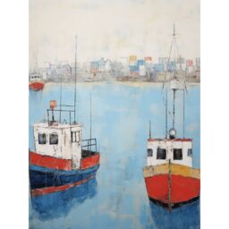 "Artery8 Wall Art Print Trailer Trawler Boats in Harbour Oil Painting Red Blue Abstract Coastal Town Bathroom Artwork Poster - Size: W12"" x H16""" - thumbnail 1