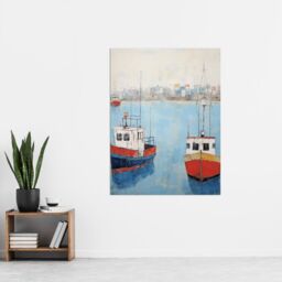 "Artery8 Wall Art Print Trailer Trawler Boats in Harbour Oil Painting Red Blue Abstract Coastal Town Bathroom Artwork Poster - Size: W12"" x H16""" - thumbnail 2