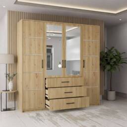 MN Furniture Spacious Hinged Wardrobe with Mirror Door & Drawers 200cm x 200cm in Natural - Size: 200 cm x 200 cm - thumbnail 3
