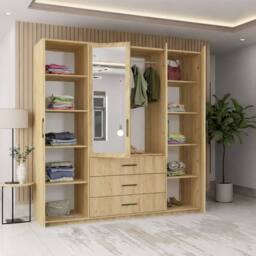 MN Furniture Spacious Hinged Wardrobe with Mirror Door & Drawers 200cm x 200cm in Natural - Size: 200 cm x 200 cm - thumbnail 4