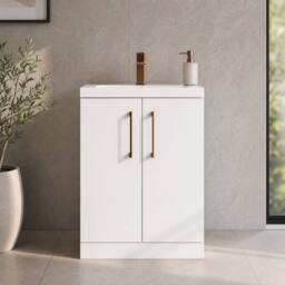 Balterley Bathroom Vanity Basin Unit, Copper Handles, 600mm, Gloss White - thumbnail 4