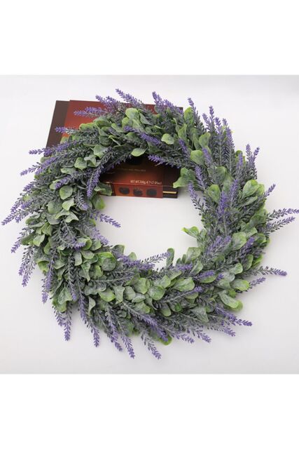 Living and Home 42cm Faux Eucalyptus & Flocked Lavender Wreath for Wedding & Home Decor in Purple - image 1