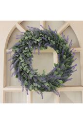 Living and Home 42cm Faux Eucalyptus & Flocked Lavender Wreath for Wedding & Home Decor in Purple - thumbnail 3