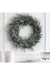 Living and Home 42cm Faux Eucalyptus & Flocked Lavender Wreath for Wedding & Home Decor in Purple - thumbnail 2