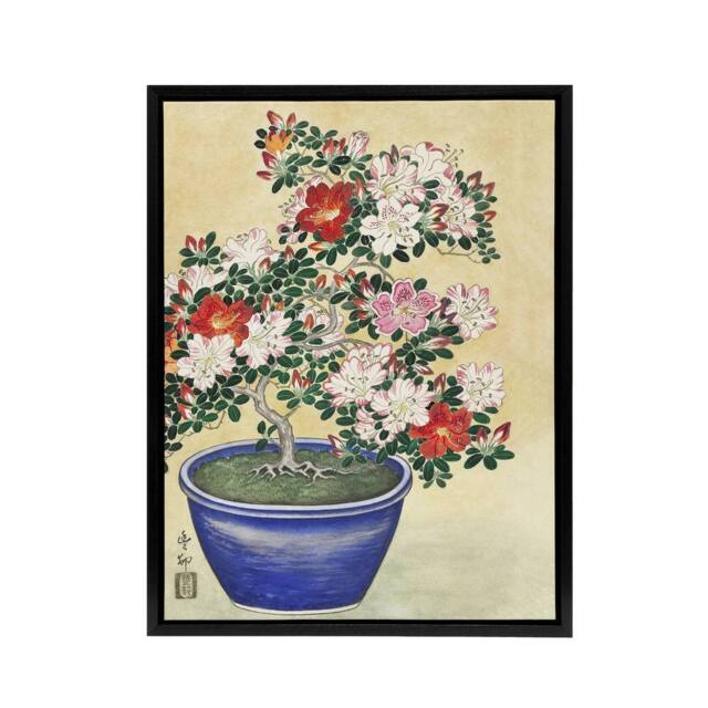 "Artery8 Blooming Azalea In Blue Pot Framed Canvas Wall Art Print Ohara Koson in Yellow - Size: W12"" x H16""" - image 1