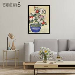 "Artery8 Blooming Azalea In Blue Pot Framed Canvas Wall Art Print Ohara Koson in Yellow - Size: W12"" x H16""" - thumbnail 3