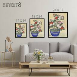 "Artery8 Blooming Azalea In Blue Pot Framed Canvas Wall Art Print Ohara Koson in Yellow - Size: W12"" x H16""" - thumbnail 4