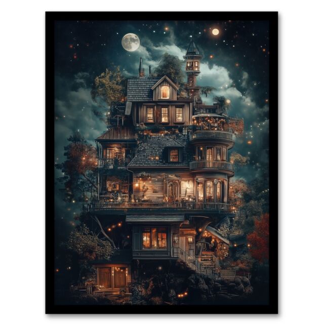 "Artery8 The Burrow Witch Home at Night Conceptual Art Framed Art Print in Blue - Size: W12"" x H16""" - image 1