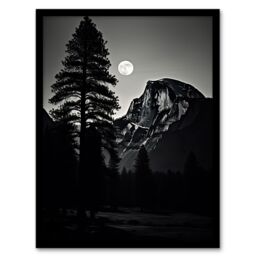 Artery8 Wall Art Print Full Moon Rising over Half Dome Black & White Framed in Grey - Size: A4 - thumbnail 1