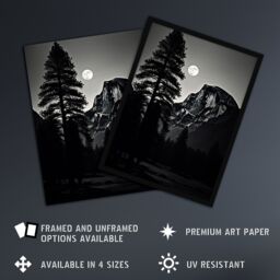 Artery8 Wall Art Print Full Moon Rising over Half Dome Black & White Framed in Grey - Size: A4 - thumbnail 2
