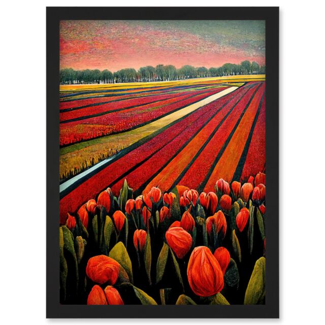 Artery8 Red Tulip Fields Of Holland Netherlands Modern Oil Artwork Framed Wall Art Print A4 in Black - image 1