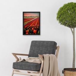 Artery8 Red Tulip Fields Of Holland Netherlands Modern Oil Artwork Framed Wall Art Print A4 in Black - thumbnail 2