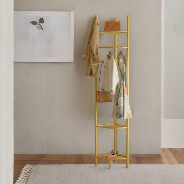 Pirlo Plush Corner Coat Stand With Shelves Living Room Hallway Furniture in Gold - image 1