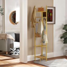 Pirlo Plush Corner Coat Stand With Shelves Living Room Hallway Furniture in Gold - thumbnail 2