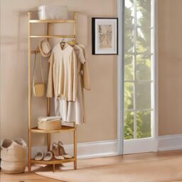 Pirlo Plush Corner Coat Stand With Shelves Living Room Hallway Furniture in Gold - thumbnail 4