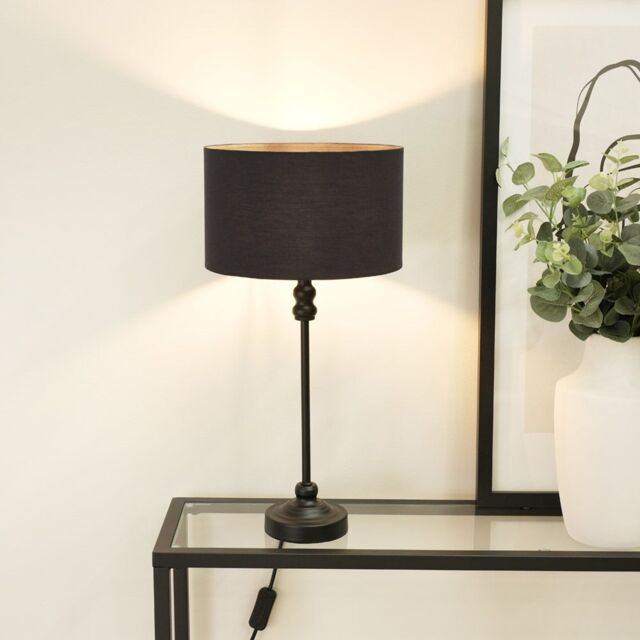 ValueLights Maggie Black Metal Candlestick Slim Table Lamp with Fabric Drum Lamp Shade - image 1