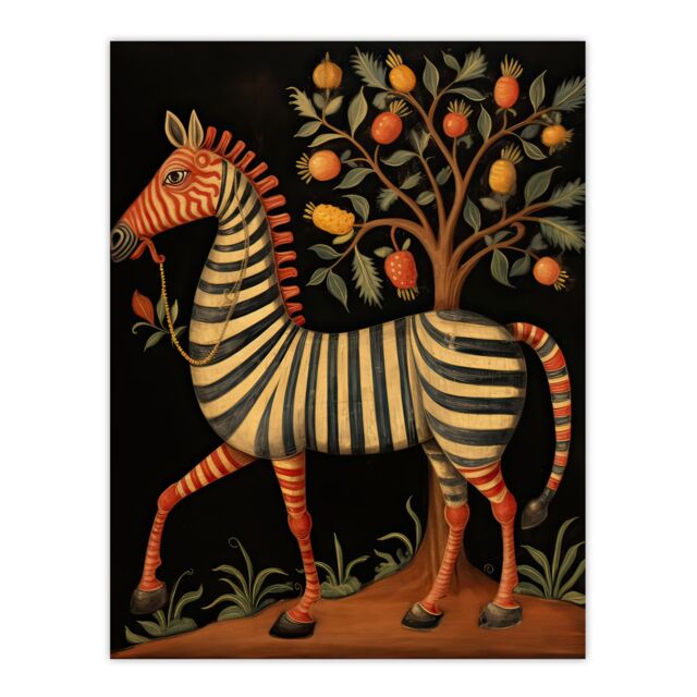 "Artery8 Wall Art Print Whimsical Zebra Posing by Fruit Tree Orange Grey Green Medieval Bestiary Style Surreal Oil Painting Poster - Size: W18"" x H24""" - image 1