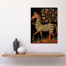 "Artery8 Wall Art Print Whimsical Zebra Posing by Fruit Tree Orange Grey Green Medieval Bestiary Style Surreal Oil Painting Poster - Size: W18"" x H24""" - thumbnail 4