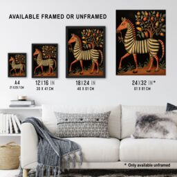 "Artery8 Wall Art Print Whimsical Zebra Posing by Fruit Tree Orange Grey Green Medieval Bestiary Style Surreal Oil Painting Poster - Size: W18"" x H24""" - thumbnail 3