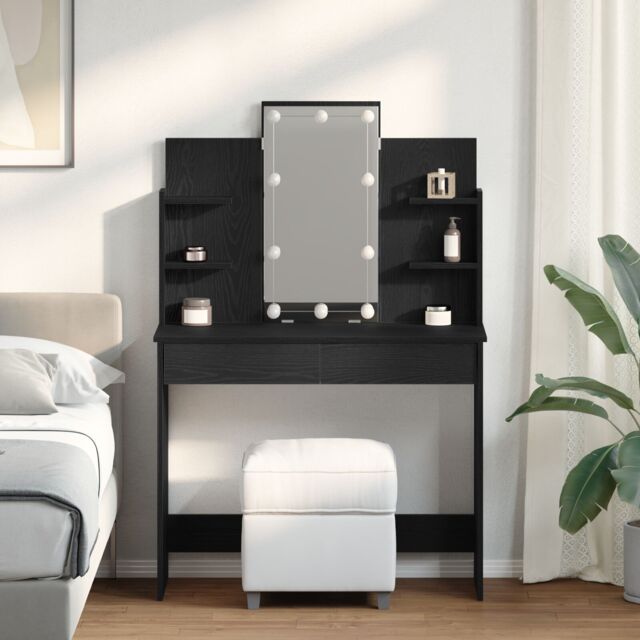 Berkfield Home Dressing Table with LED Lights Black Oak 96x40x142 cm - Size: 96 x 40 x 142 cm - image 1