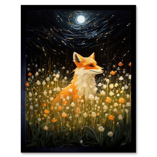 Artery8 Wall Art Print Watching the Fireflies Dance Happy Fox over a Wildflower Meadow Oil Painting Orange White Blue Full Moon Spring Night Dreamy - image 1