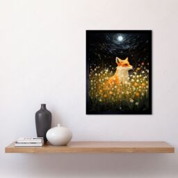 Artery8 Wall Art Print Watching the Fireflies Dance Happy Fox over a Wildflower Meadow Oil Painting Orange White Blue Full Moon Spring Night Dreamy - thumbnail 2