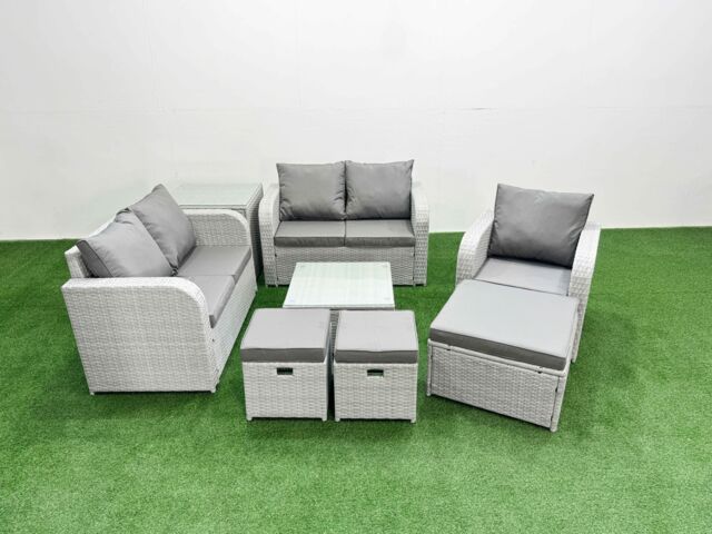 Fimous High Back Poly Rattan Garden Furniture Set w/ Reclining Chair Loveseat Sofa Square Coffee Table Indoor Outdoor Patio Set 3 Stools Side Table - image 1