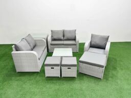 Fimous High Back Poly Rattan Garden Furniture Set w/ Reclining Chair Loveseat Sofa Square Coffee Table Indoor Outdoor Patio Set 3 Stools Side Table - thumbnail 1