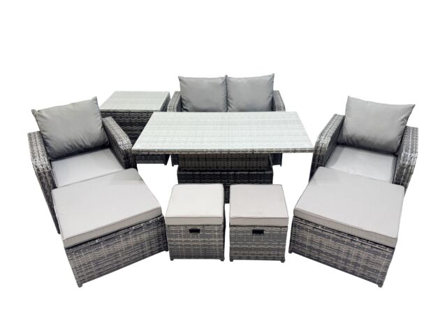 Fimous 8-seater Rattan Garden Furniture Set with 2 Big Footstool Side Table in Dark Grey - image 1