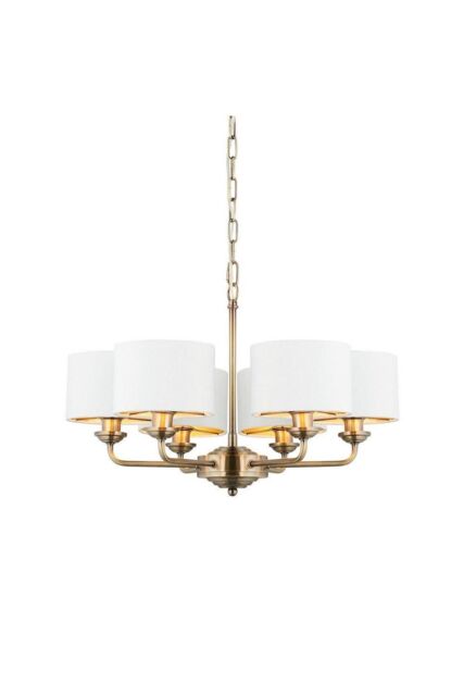 Netlighting Highclere Multi Arm Shade Pendant Ceiling Lamp Antique Brass Plate Vintage White Fabric in Gold - image 1