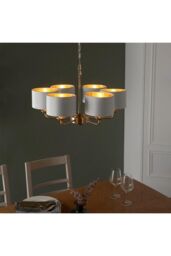 Netlighting Highclere Multi Arm Shade Pendant Ceiling Lamp Antique Brass Plate Vintage White Fabric in Gold - thumbnail 5