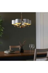 Netlighting Highclere Multi Arm Shade Pendant Ceiling Lamp Antique Brass Plate Vintage White Fabric in Gold - thumbnail 4