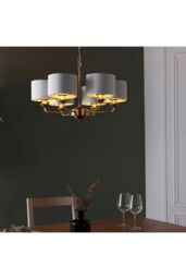 Netlighting Highclere Multi Arm Shade Pendant Ceiling Lamp Antique Brass Plate Vintage White Fabric in Gold - thumbnail 2
