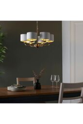 Netlighting Highclere Multi Arm Shade Pendant Ceiling Lamp Antique Brass Plate Vintage White Fabric in Gold - thumbnail 3