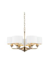 Netlighting Highclere Multi Arm Shade Pendant Ceiling Lamp Antique Brass Plate Vintage White Fabric in Gold