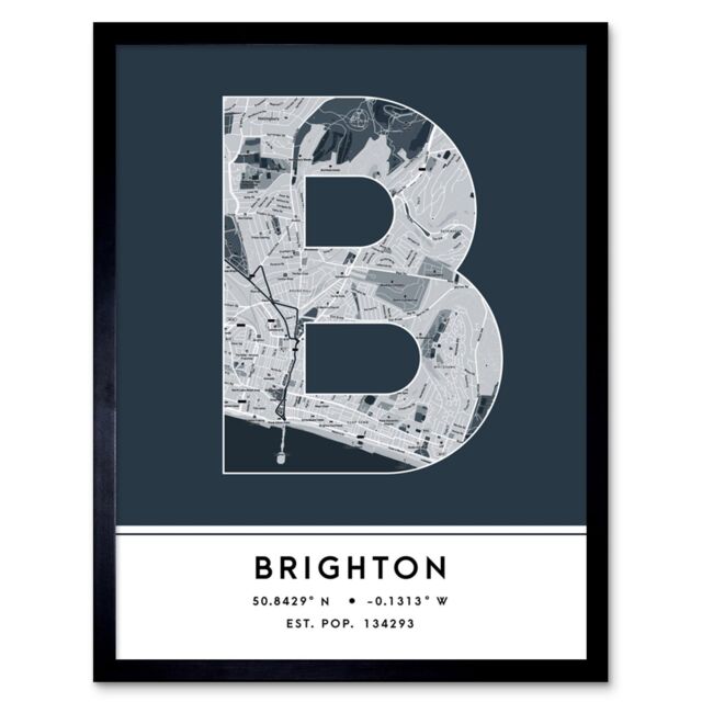 "Wee Blue Coo Wall Art Print Brighton England United Kingdom City Map Modern Typography Stylish Letter Framed Word in Navy - Size: W12"" x H16""" - image 1