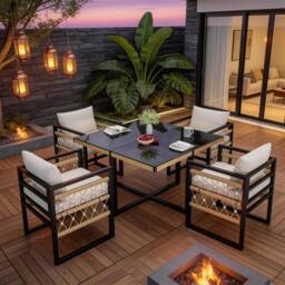 FENCHILIN Garden Dining Set Patio Glass Table, 4 Hand-Woven Chairs Space-Saving in Black