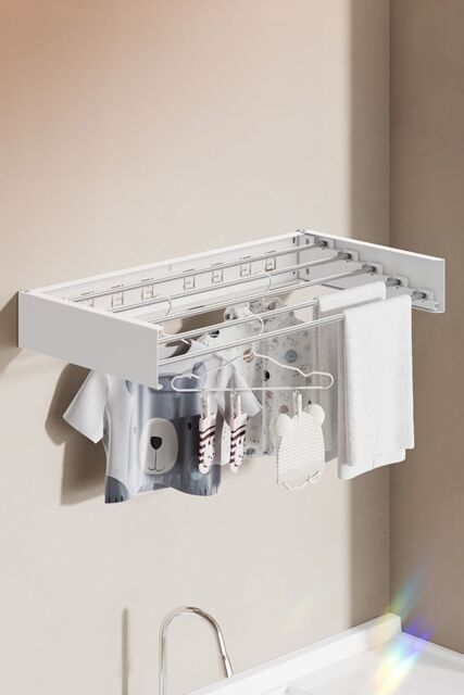 H&O Direct Wall Mounted Drying Rack Aluminum Rods Space Saving Clothes Drying Rack in White - image 1