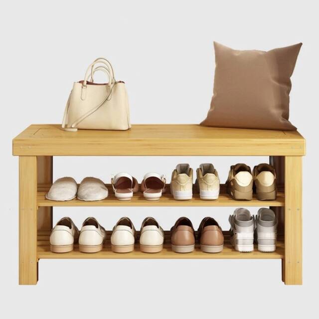 KORVIXA Bamboo Shoe Rack Bench Footwear Storage Rack Organizer in Light Oak - Size: 100 cm x 100 cm - image 1