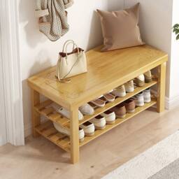 KORVIXA Bamboo Shoe Rack Bench Footwear Storage Rack Organizer in Light Oak - Size: 100 cm x 100 cm - thumbnail 4