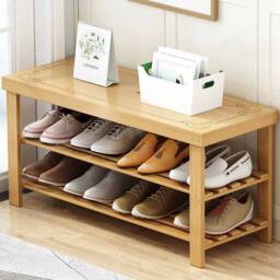 KORVIXA Bamboo Shoe Rack Bench Footwear Storage Rack Organizer in Light Oak - Size: 100 cm x 100 cm - thumbnail 5