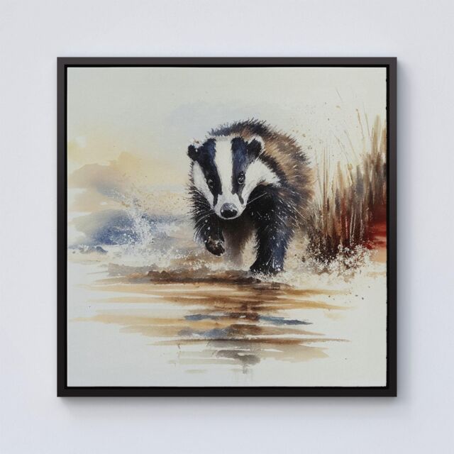 "Warren Reed - Designer Wading Badger Watercolour Framed Canvas in Black - Size: W16"" x H16""" - image 1