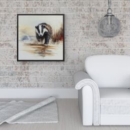 "Warren Reed - Designer Wading Badger Watercolour Framed Canvas in Black - Size: W16"" x H16""" - thumbnail 2