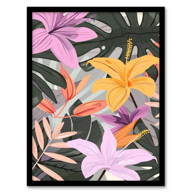 "Artery8 Tropical Exotic Colourful Lilies Monstera Design Framed Art Print - Size: W12"" x H16""" - image 1