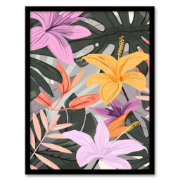 "Artery8 Tropical Exotic Colourful Lilies Monstera Design Framed Art Print - Size: W12"" x H16""" - thumbnail 1