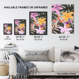 "Artery8 Tropical Exotic Colourful Lilies Monstera Design Framed Art Print - Size: W12"" x H16""" - thumbnail 3