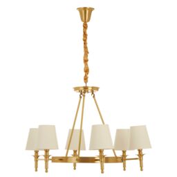Orsina Elegant 6 Arm Gold Ceiling Light with Linen Shades, Brass Frame Hotel Style Pendant Light, Lighting Fixture