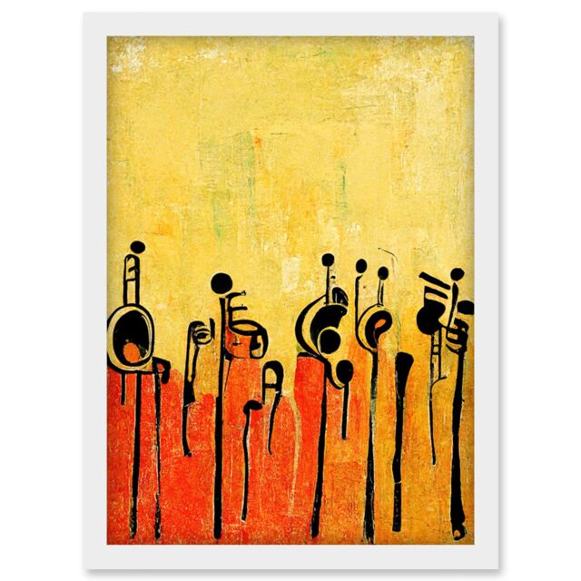 Artery8 Abstract Music Band Figures In Warm Acrylic Tones Musical Artwork Framed Wall Art Print A4 in White - image 1