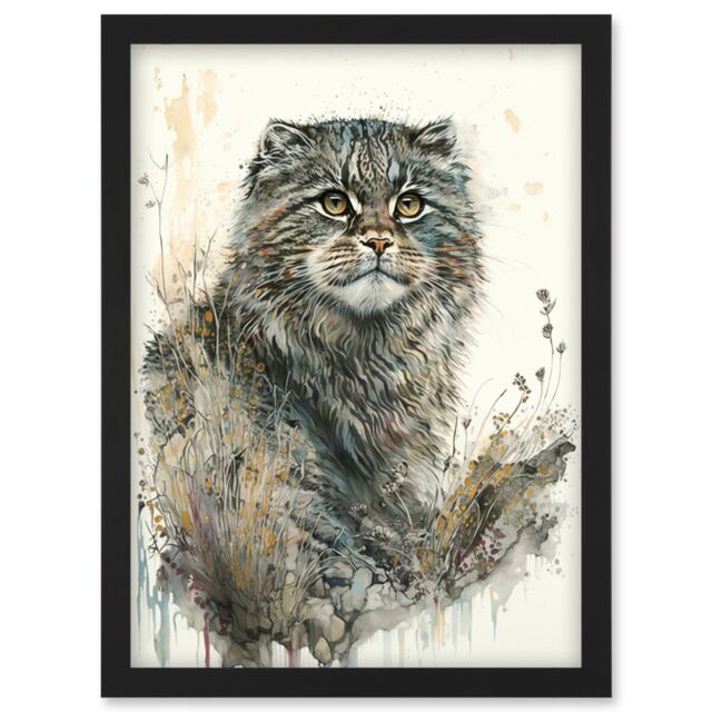 Artery8 Manul Pallas Cat Portrait in Wildflowers Watercolour Illustration Artwork Framed Wall Art Print A4 in Black - image 1